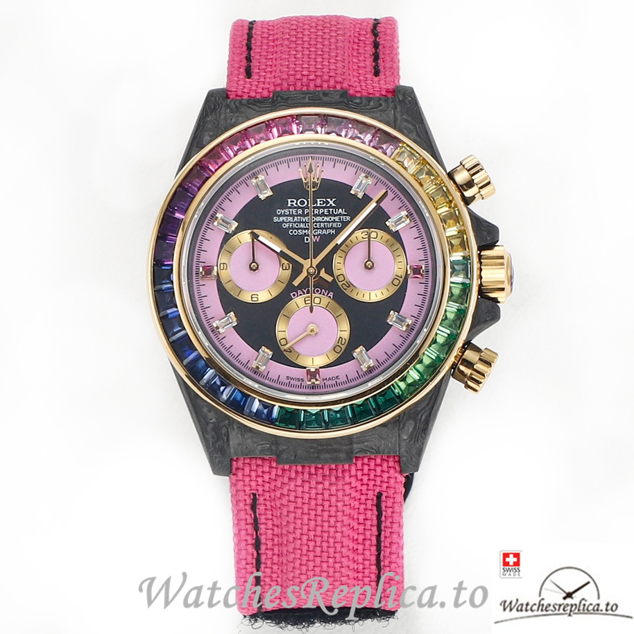 Swiss Rolex Daytona Replica Pink Canvas strap 40MM Pink Dial - WatchesReplica.is