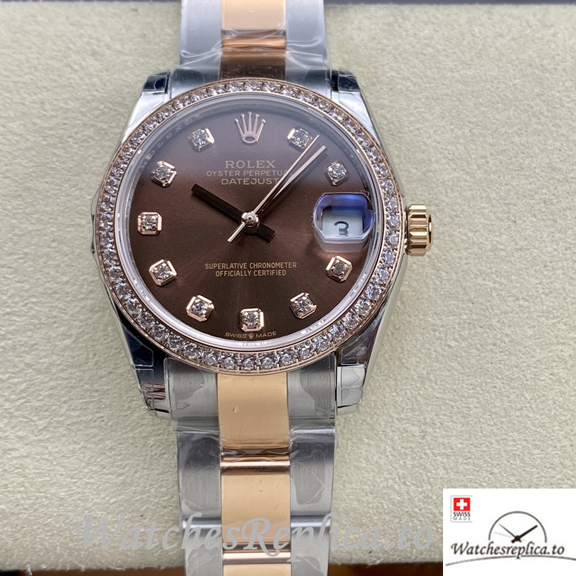 Swiss Rolex Datejust Replica Stainless steel strap 31MM Brown Dial Diamonds - WatchesReplica.is