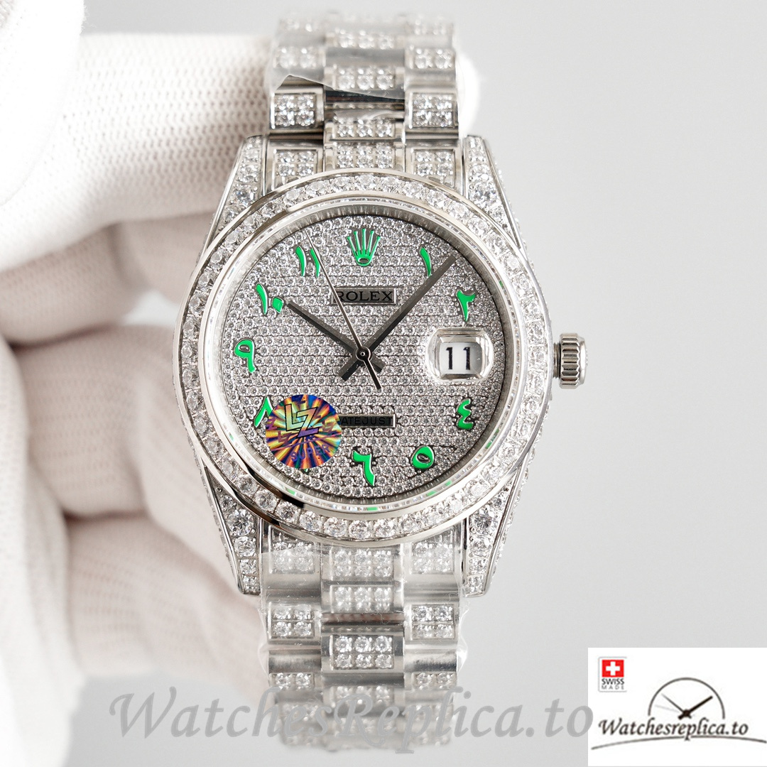 Swiss Rolex Datejust Green Roman Markers Full Diamond Dial 41MM Replica Watch - WatchesReplica.is