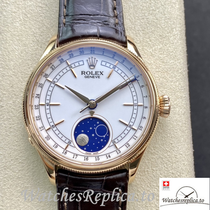 Swiss Rolex Cellini Replica Brown Leather strap 39MM Black Dial Yellow Gold Case - WatchesReplica.is