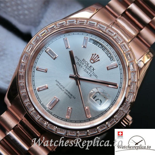 Swiss Rolex Day-Date Replica 218399 Rose Gold strap 41MM - WatchesReplica.is