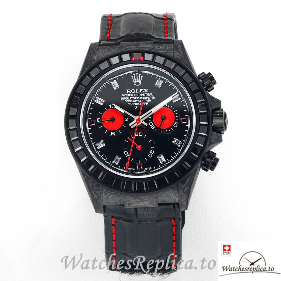 Swiss Rolex Daytona Replica Black Leather strap 40MM Black Dial - WatchesReplica.is