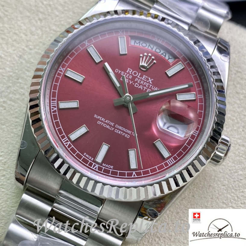 Swiss Rolex Day Date Replica Stainless steel strap 36MM Red Dial - WatchesReplica.is