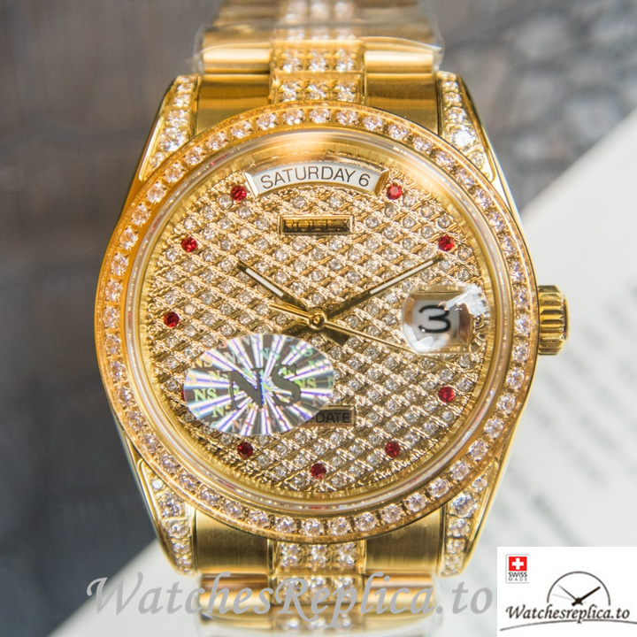 Swiss Rolex Day Date Replica Yellow Gold strap 40MM - WatchesReplica.is