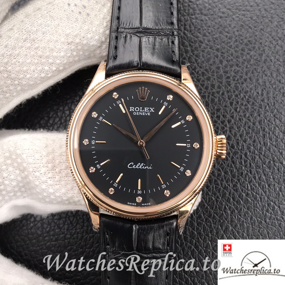 Swiss Rolex Cellini Replica Black Leather strap 39MM Black Dial Rose Gold - WatchesReplica.is