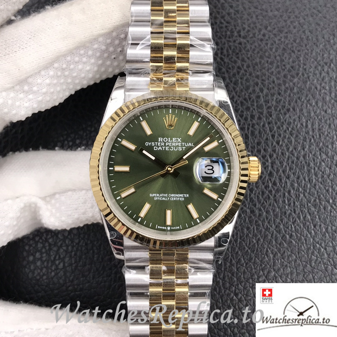 Swiss Rolex Datejust Replica Stainless steel strap 36MM Yellow Gold Green Dial - WatchesReplica.is