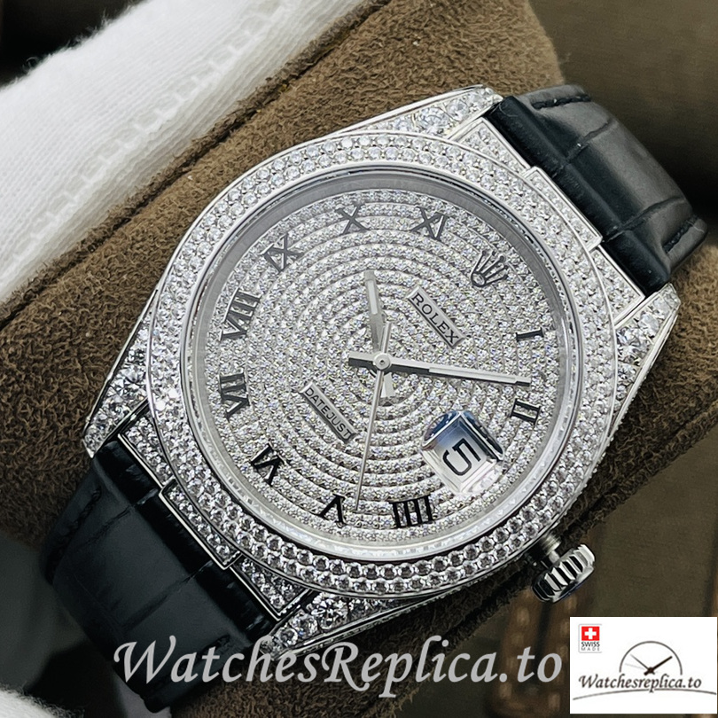 Swiss Rolex Datejust Replica Black Leather strap 40MM Diamonds Dial - WatchesReplica.is