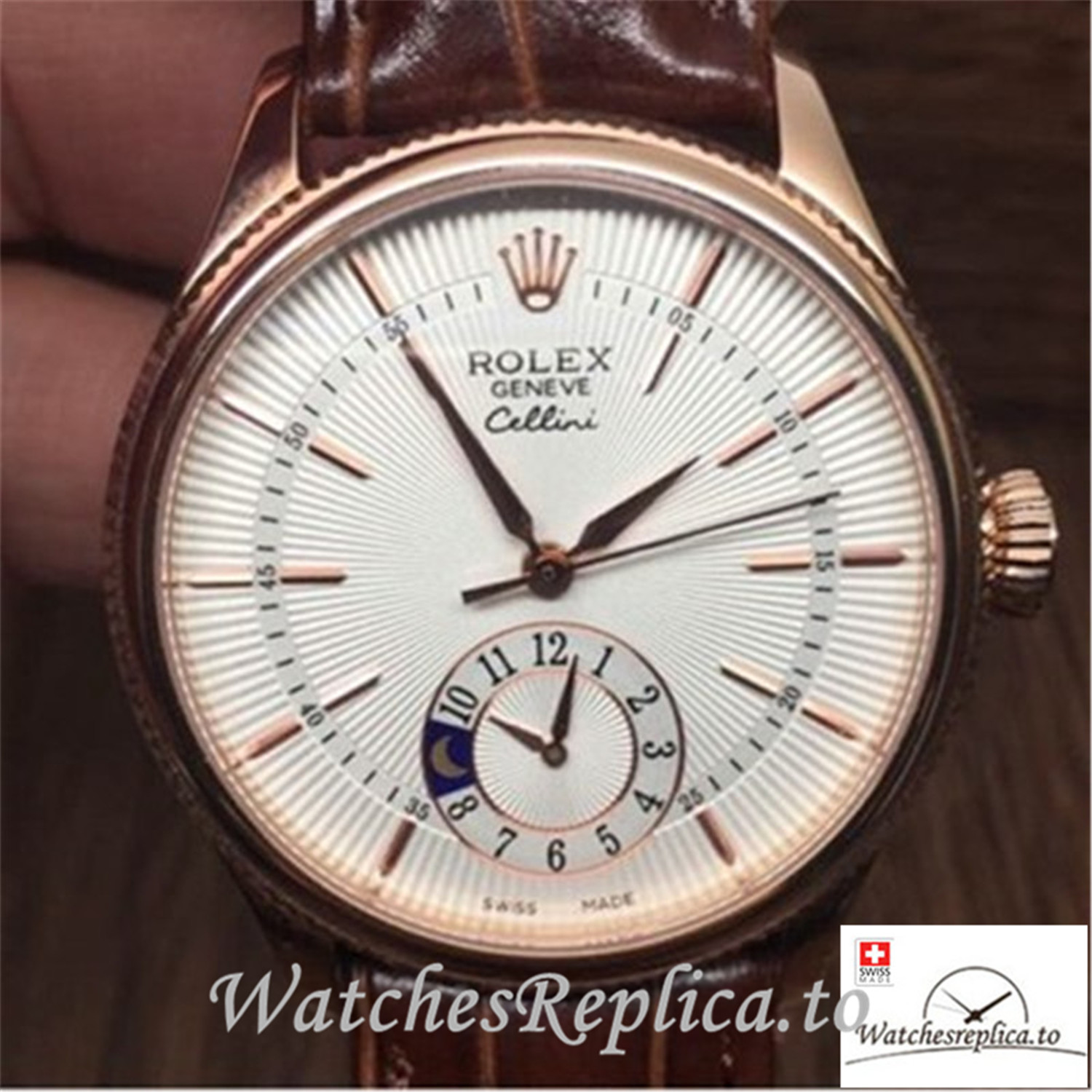 Swiss Rolex Cellini Replica 50525 Rose Gold Bezel 39MM - WatchesReplica.is