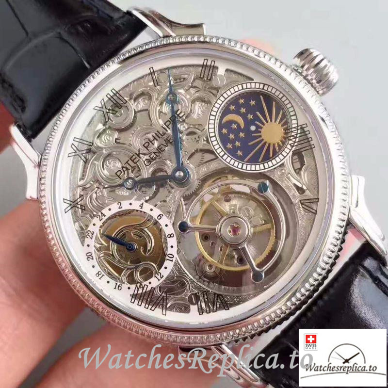 Swiss Patek Philippe Tourbillon Replica Silver Bezel 42MM - WatchesReplica.is