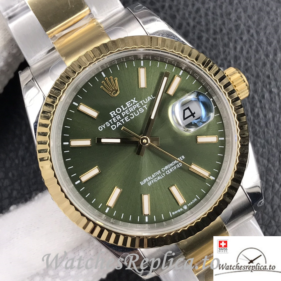 Swiss Rolex Datejust Replica Stainless steel strap 36MM Yellow Gold Green Dial Sticks Marks - WatchesReplica.is