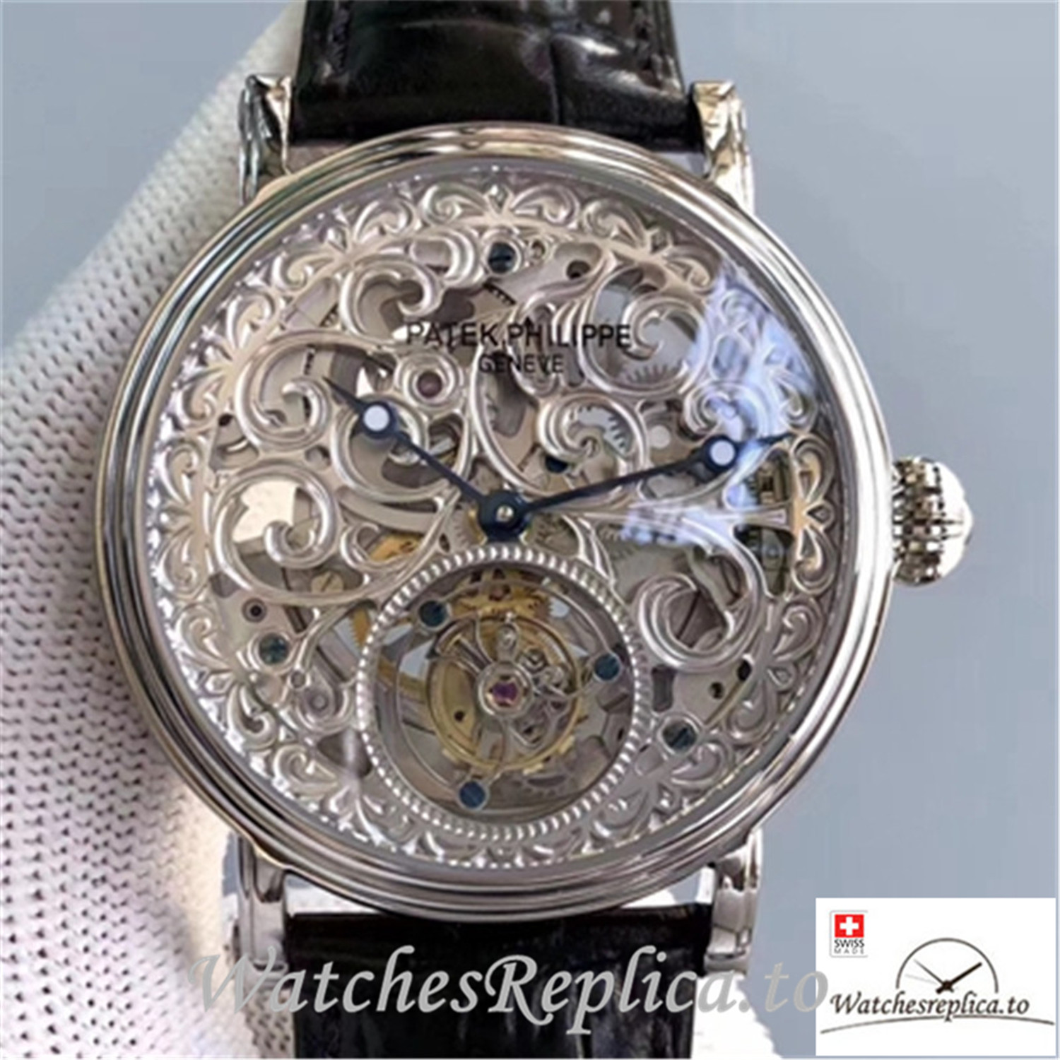 Swiss Patek Philippe Tourbillon Replica Black Strap 42MM - WatchesReplica.is