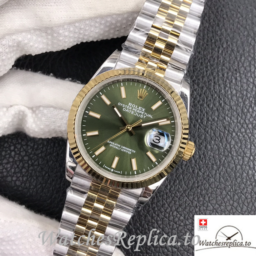 Swiss Rolex Datejust Replica Stainless steel strap 36MM Yellow Gold Green Dial - WatchesReplica.is