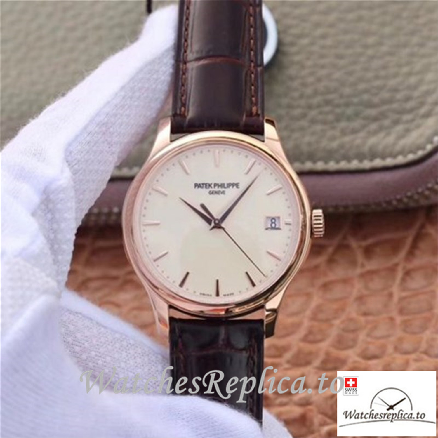 Swiss Patek Philippe Calatrava Rose Gold Replica 5227R-001 Black Strap 39MM×10.2MM - WatchesReplica.is