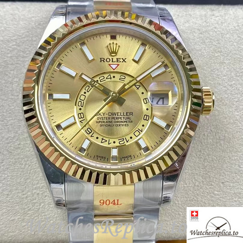 Swiss Rolex Sky Dweller Replica Stainless steel strap 42MM Gold Dial - WatchesReplica.is
