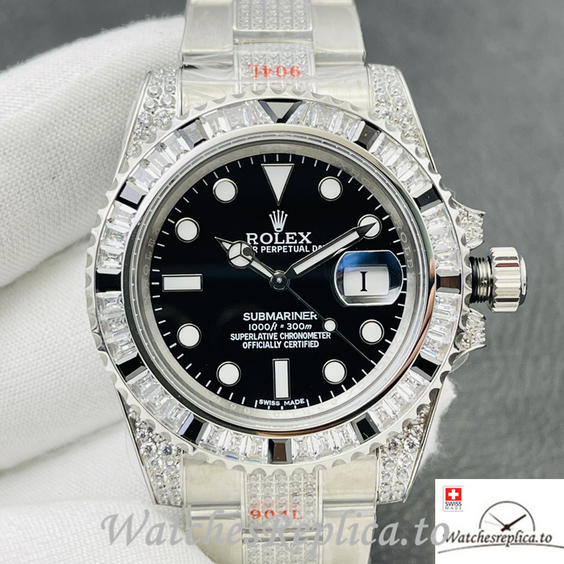 Swiss Rolex Submariner Replica Stainless steel strap 40MM Black Dial Diamonds Case - WatchesReplica.is