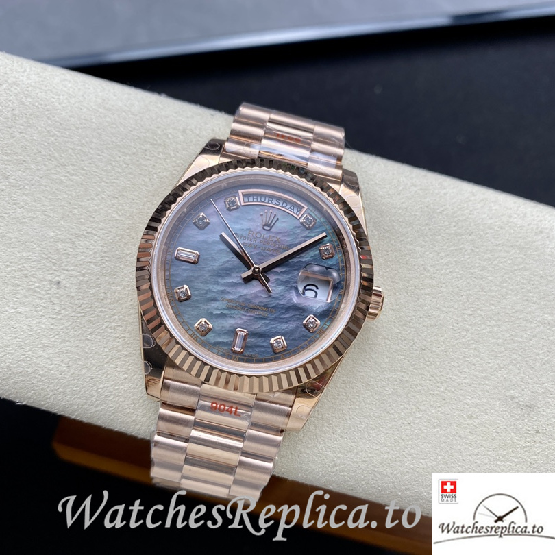 Swiss Rolex Day Date Replica Rose Gold strap 40MM Blue Dial - WatchesReplica.is