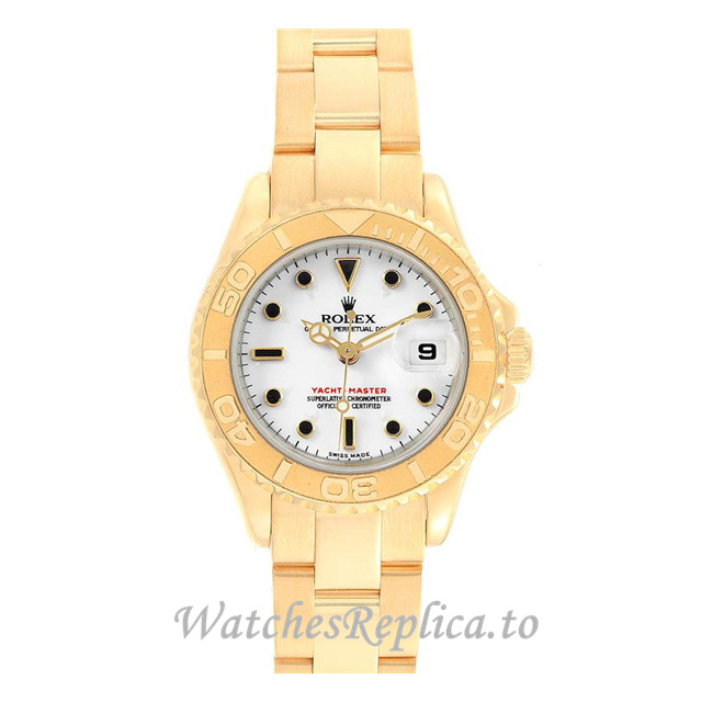 Replica Rolex Yacht-Master 169628 W 29MM Yellow Gold strap Ladies Watch - WatchesReplica.is