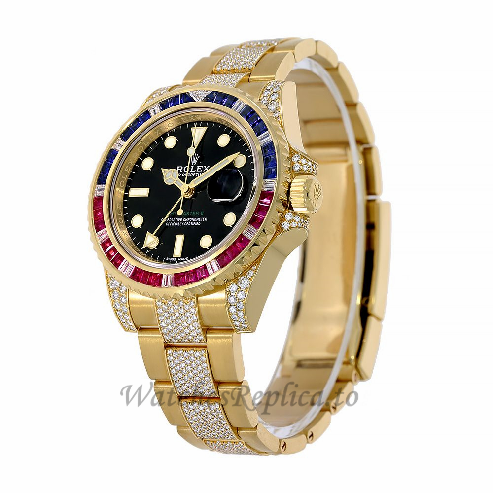 Rolex Replica GMT-Master IIPepsi Yellow Gold Diamond Bracelet 40MM Watch 116758SARU - WatchesReplica.is