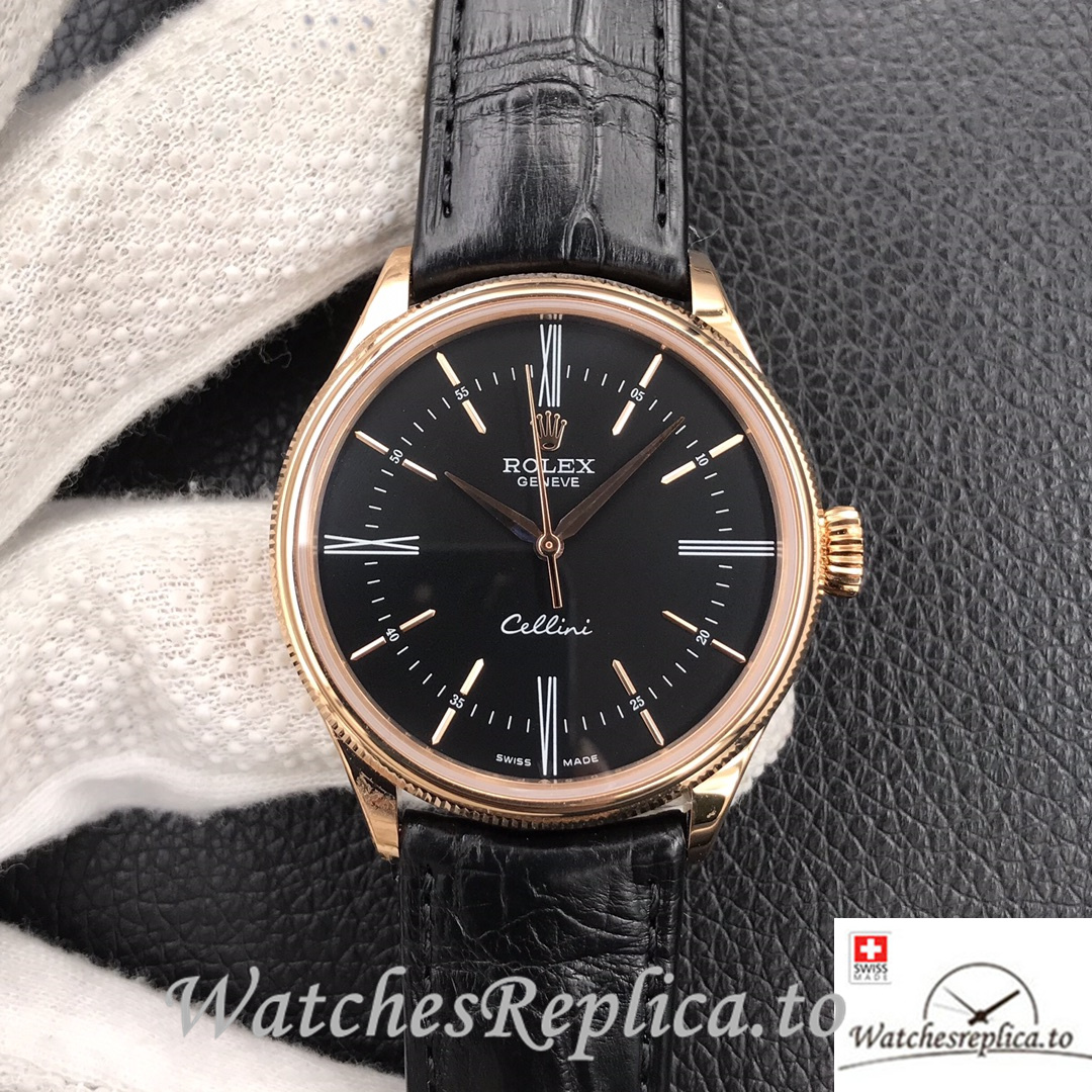 Swiss Rolex Cellini Replica Black Leather strap 39MM Rose Gold Black Dial - WatchesReplica.is