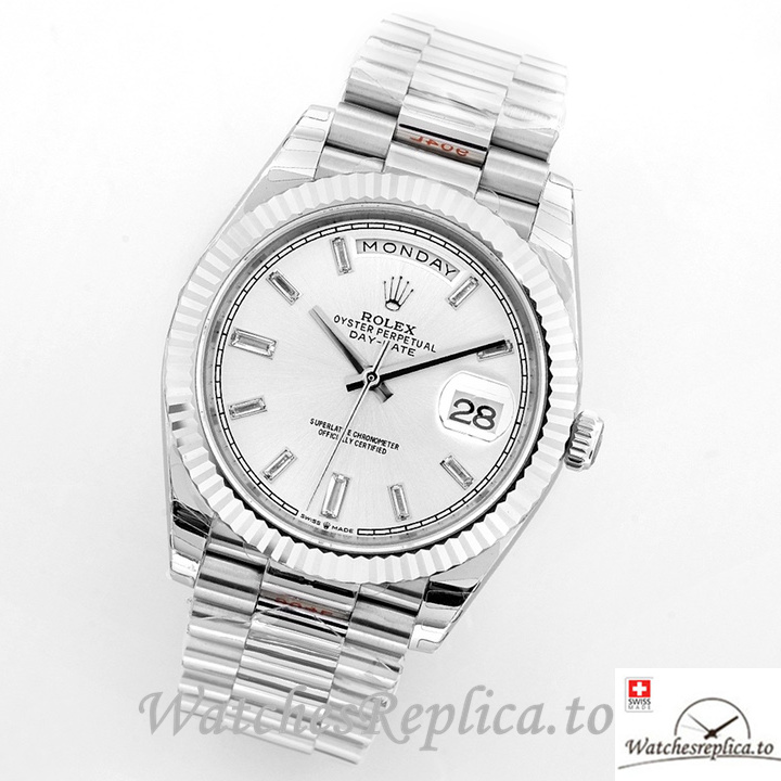 Swiss Rolex Day Date Replica Stainless steel strap 40MM White Dial Diamonds Marks - WatchesReplica.is