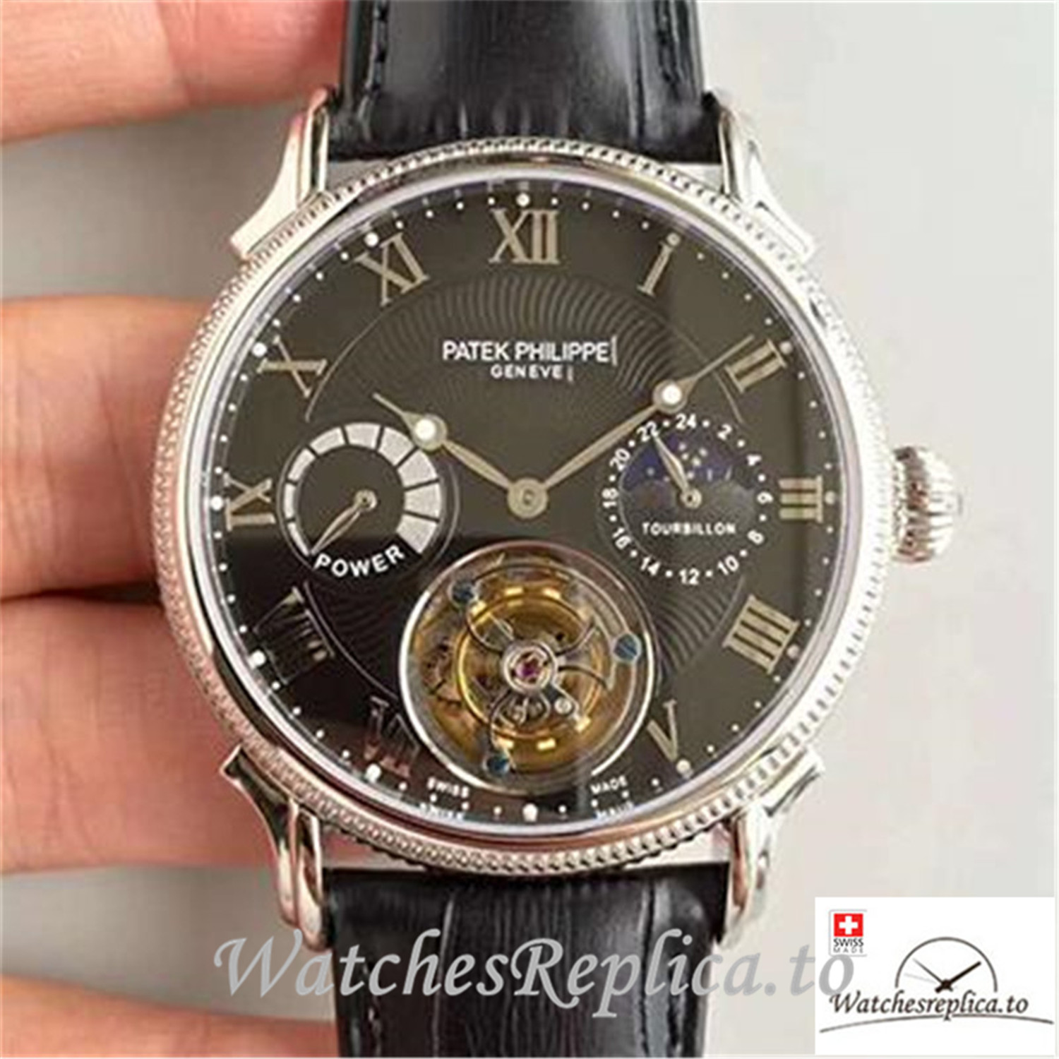 Swiss Patek Philippe Tourbillon Moonphase Replica Black Strap 42MM - WatchesReplica.is