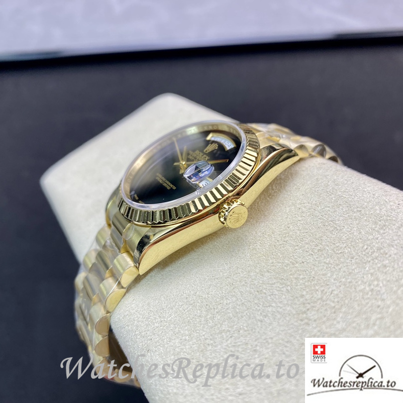 Swiss Rolex Day Date Replica Yellow Gold strap 36MM Black Dial - WatchesReplica.is