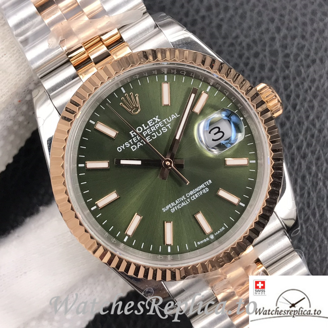 Swiss Rolex Datejust Replica Stainless steel strap 36MM Rose Gold Green Dial - WatchesReplica.is