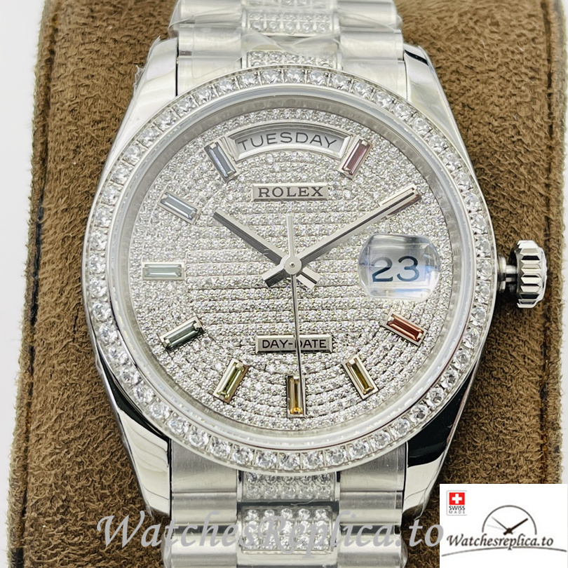 Swiss Rolex Day Date Replica Stainless steel and Diamonds strap 36MM Diamonds Dial - WatchesReplica.is