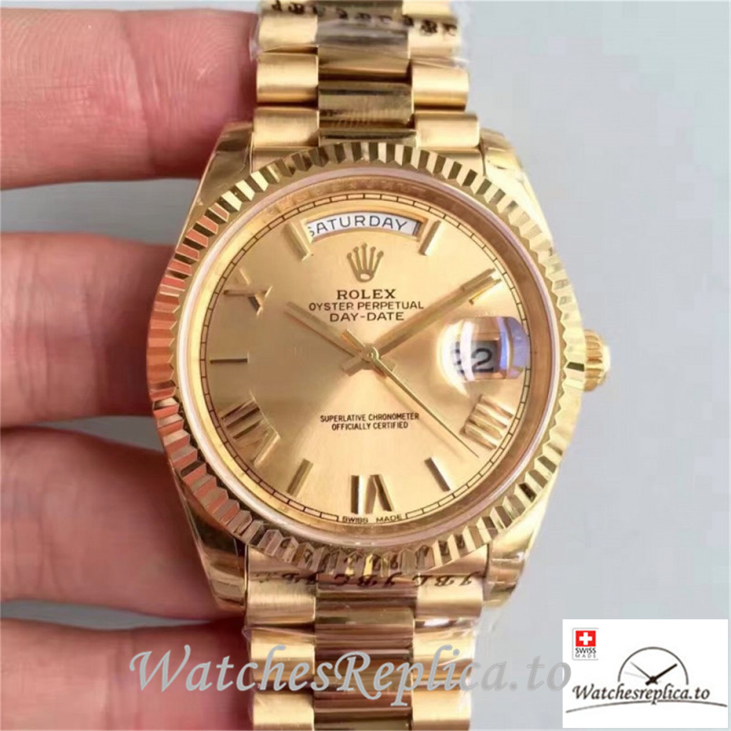 Swiss Rolex Day Date Replica 228238 001 Yellow Gold Bezel 41MM - WatchesReplica.is