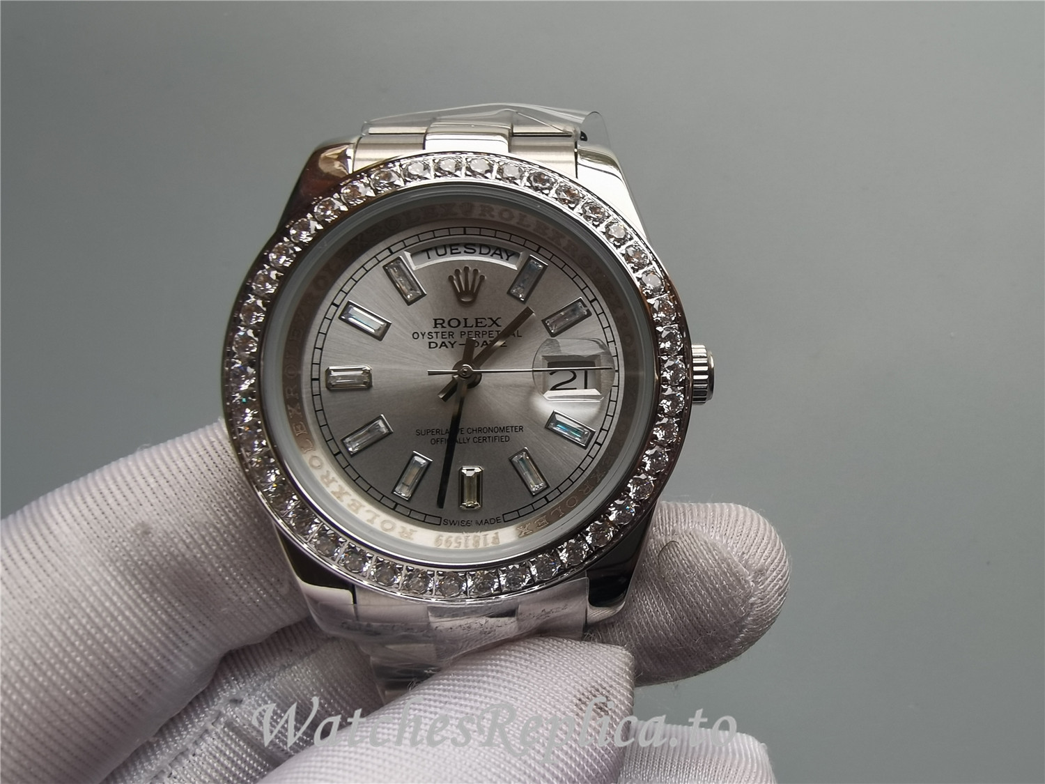 Swiss Rolex Day Date Replica 228349RBR 001 Diamond Markers Bezel 40MM - WatchesReplica.is