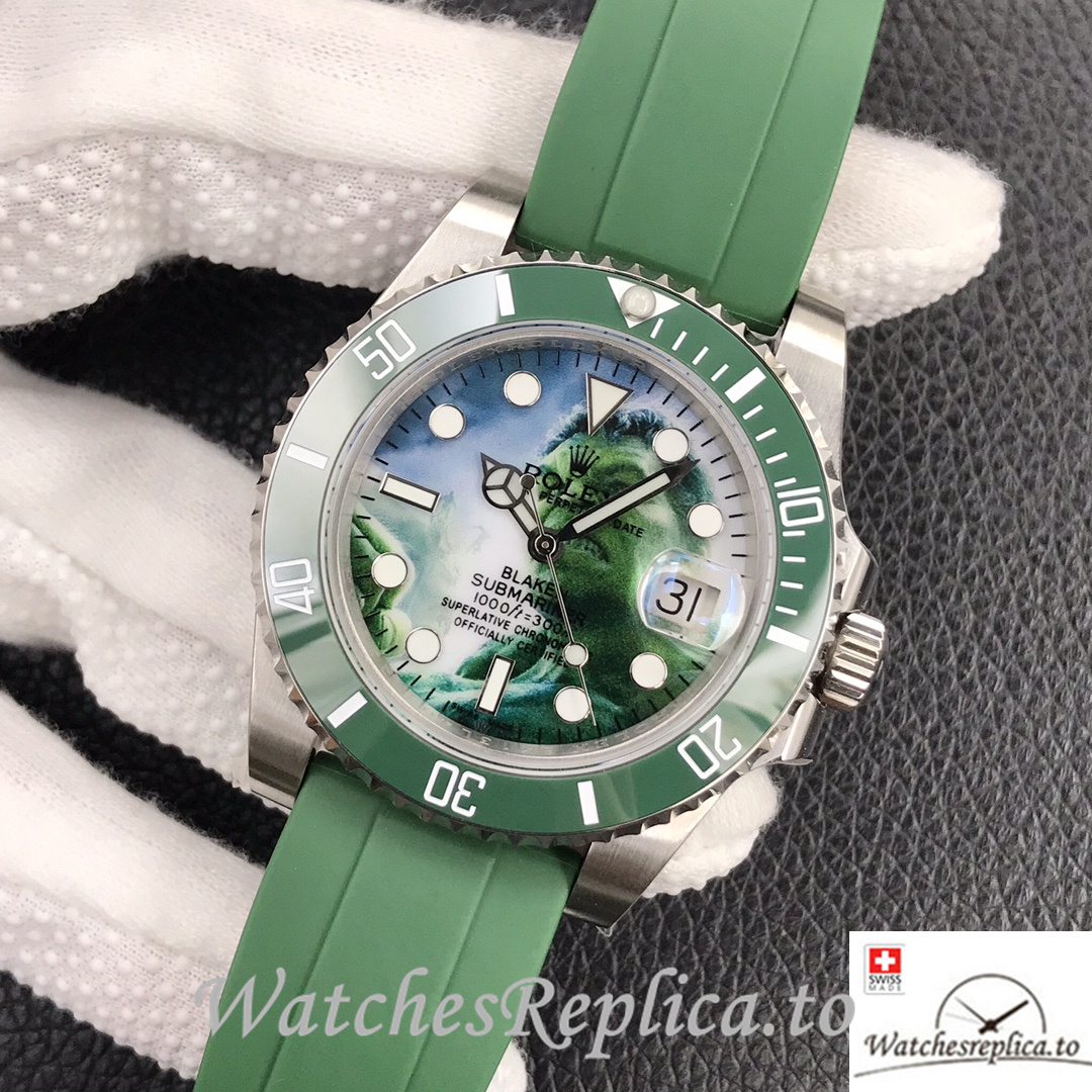 Swiss Rolex Submariner Replica Green Rubber strap 40MM Green Dial Hulk - WatchesReplica.is