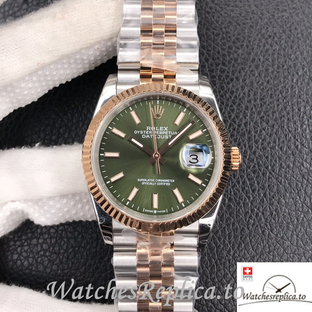 Swiss Rolex Datejust Replica Stainless steel strap 36MM Rose Gold Green Dial - WatchesReplica.is