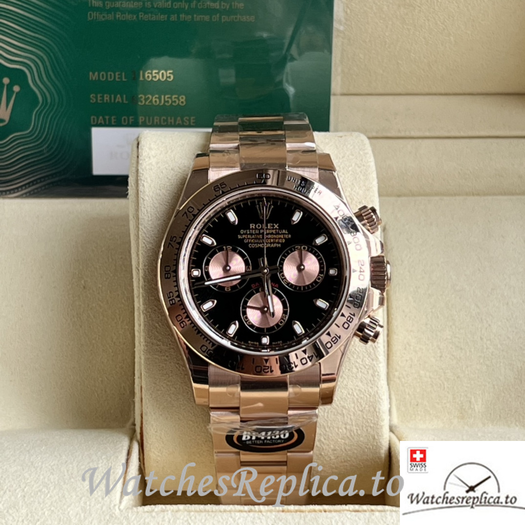 Swiss Rolex Daytona Replica Rose Gold strap 40MM Black Dial Sticks Marks - WatchesReplica.is