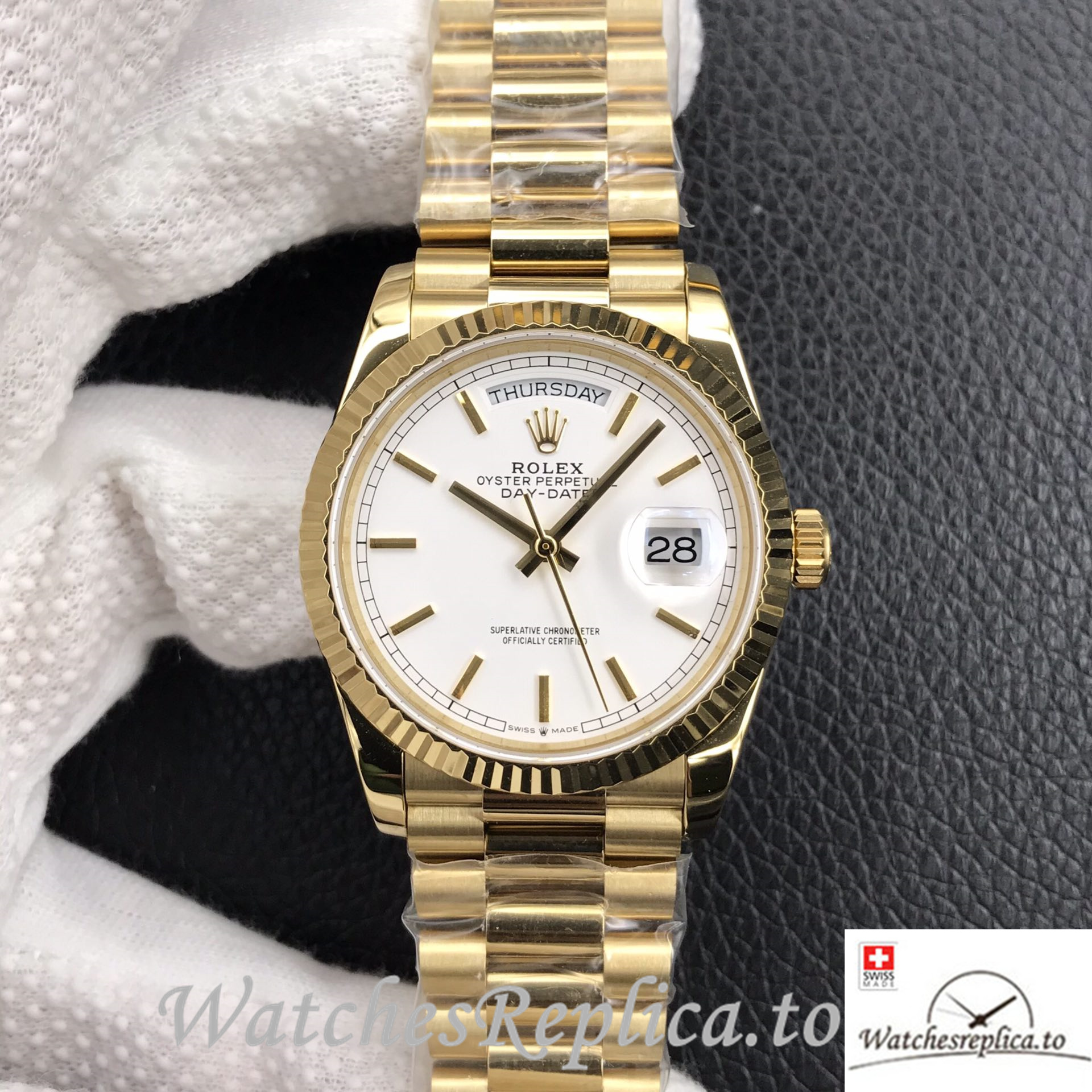 Swiss Rolex Day Date Replica 128238 Yellow Gold strap 36MM - WatchesReplica.is