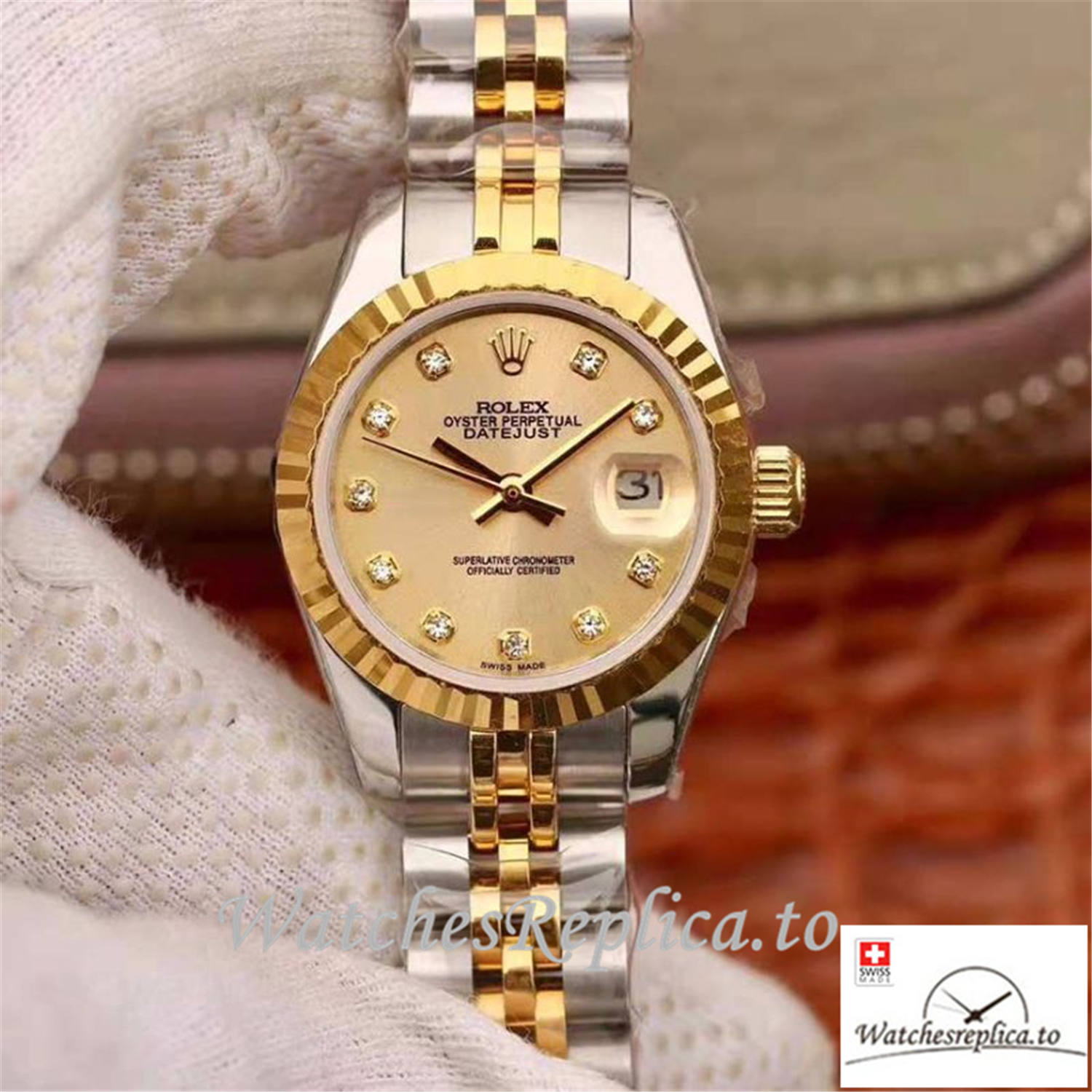 Swiss Rolex Datejust Replica 19967 Yellow Gold Dial 28MM - WatchesReplica.is