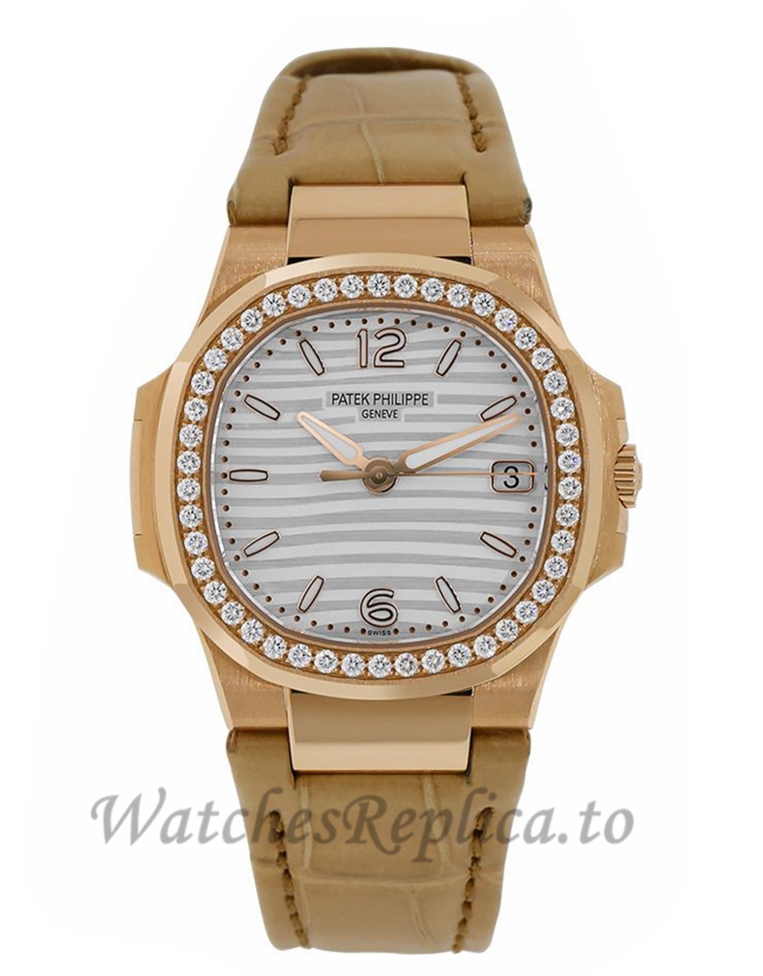 Patek Philippe Nautilus Rose Gold Diamond Bezel 32MM Watch 70101R011 - WatchesReplica.is