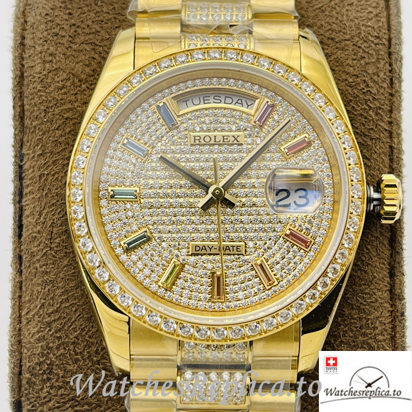 Swiss Rolex Day Date Replica Yellow Gold and Diamonds strap 36MM Diamonds Dial - WatchesReplica.is