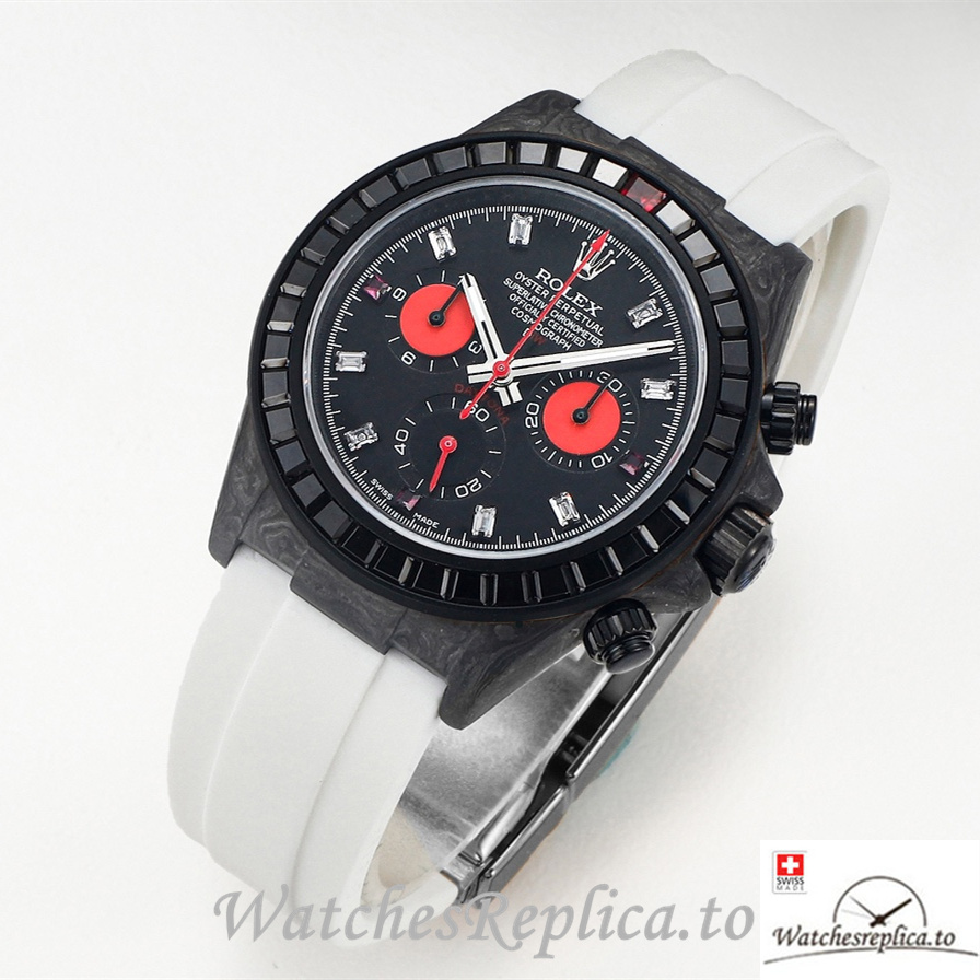 Swiss Rolex Daytona Replica White Rubber strap 40MM Black Dial - WatchesReplica.is