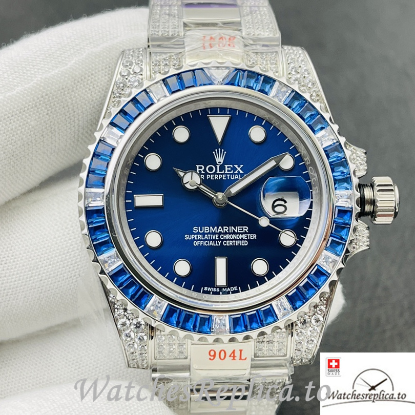 Swiss Rolex Submariner Replica Stainless steel strap 40MM Blue Dial Diamonds - WatchesReplica.is