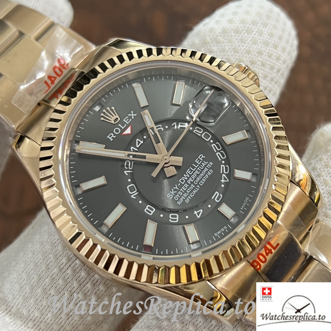 Swiss Rolex Sky Dweller Replica Yellow Gold strap 42MM Black Dial - WatchesReplica.is