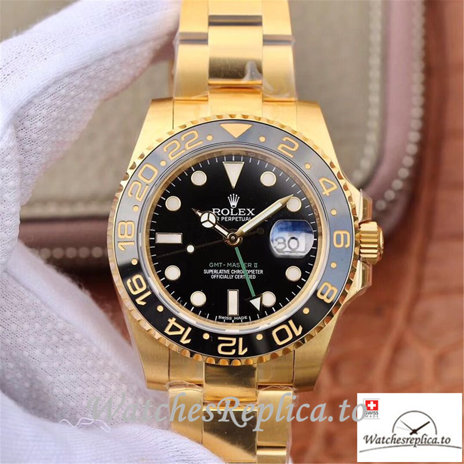 Swiss Rolex GMT Master II Replica 116718 Gold Strap 40MM - WatchesReplica.is