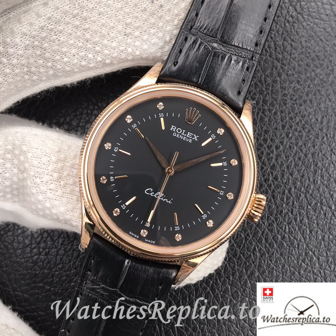 Swiss Rolex Cellini Replica Black Leather strap 39MM Black Dial Rose Gold - WatchesReplica.is