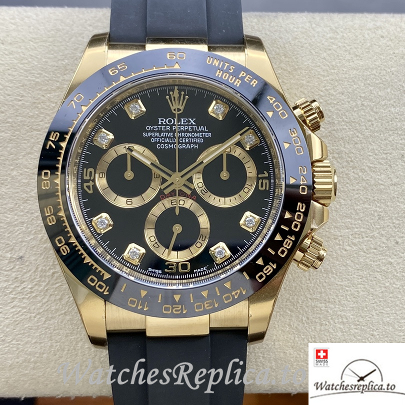 Swiss Rolex Daytona Replica Rubber strap 40MM Diamonds Mareks Yellow Gold Case - WatchesReplica.is
