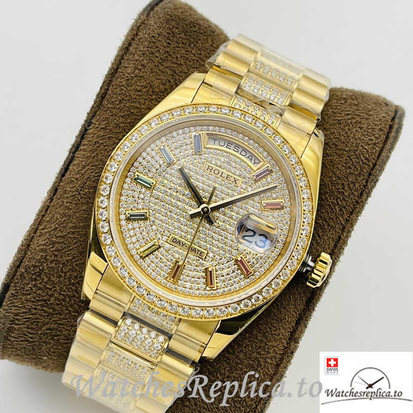 Swiss Rolex Day Date Replica Yellow Gold and Diamonds strap 36MM Diamonds Dial - WatchesReplica.is