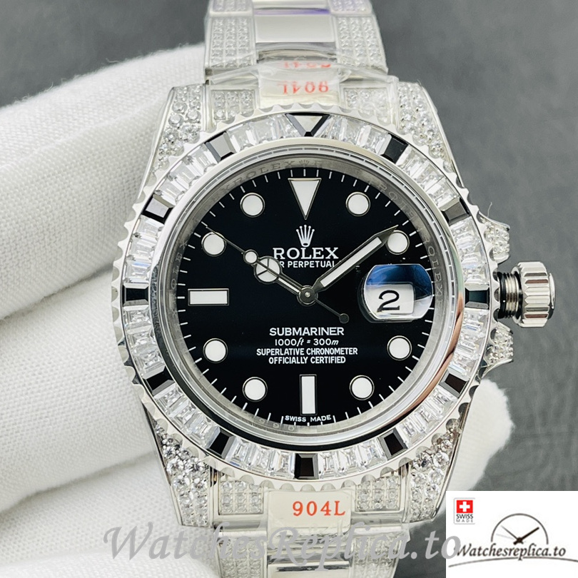 Swiss Rolex Submariner Replica Stainless steel strap 40MM Black Dial Diamonds Band - WatchesReplica.is