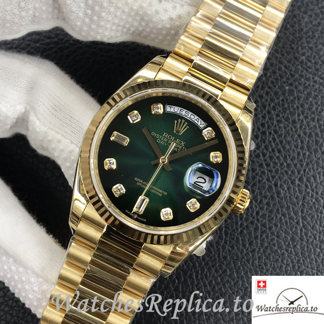 Swiss Rolex Day Date Replica 128238 Yellow Gold strap 36MM Green Dial - WatchesReplica.is