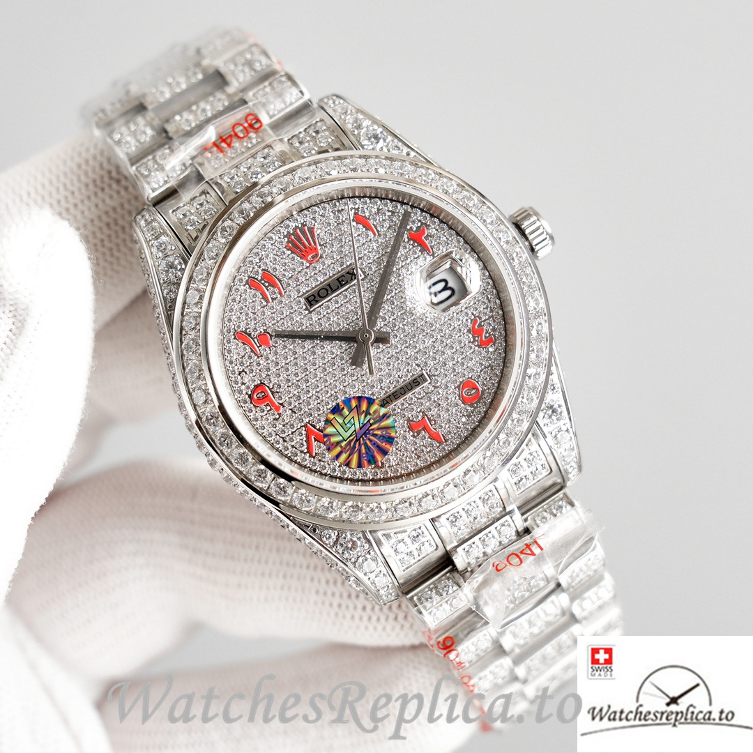Swiss Rolex Datejust Red Roman Markers Full Diamond Dial 41MM Replica Watch - WatchesReplica.is
