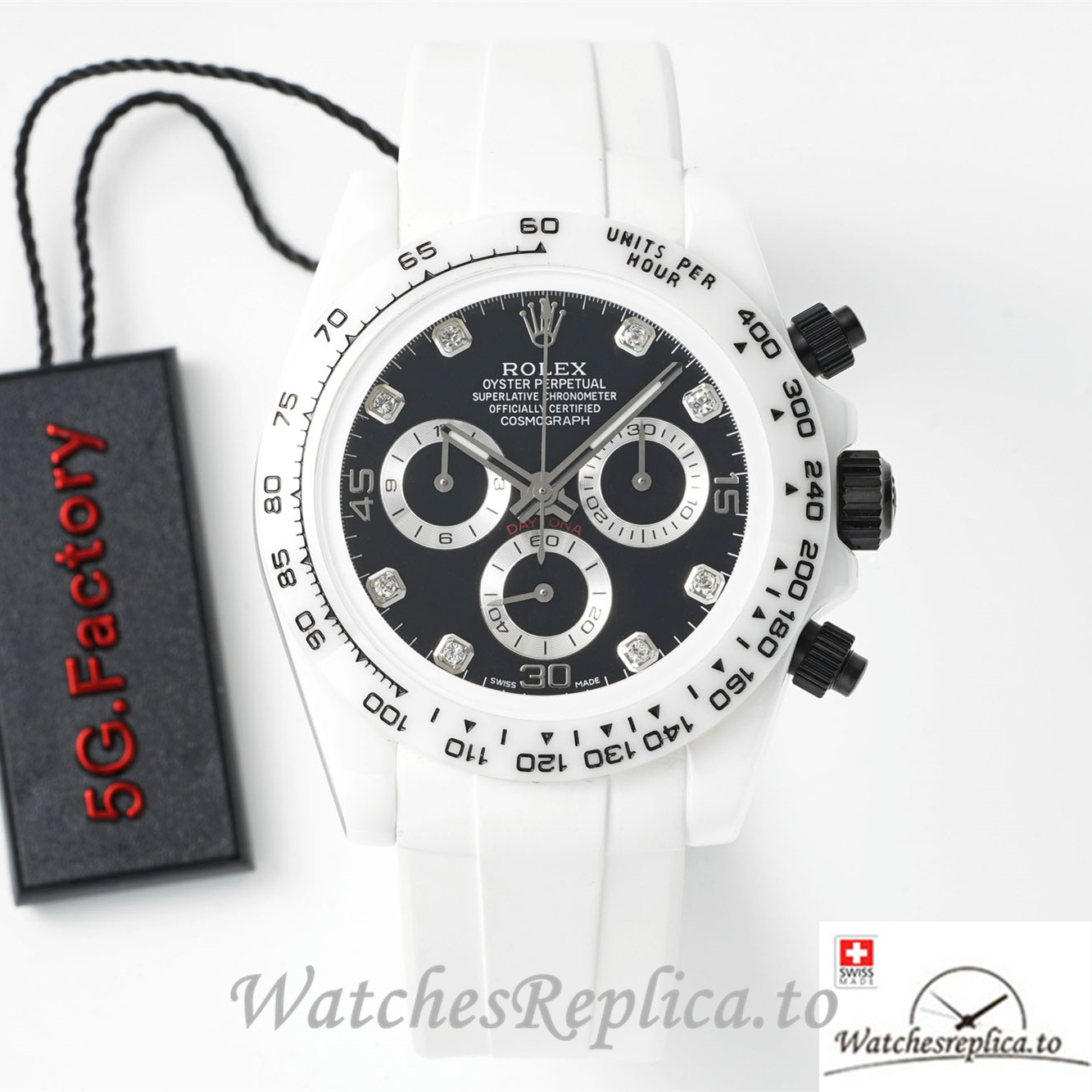 Swiss Rolex Daytona Replica White Rubber strap 40MM Black Dial - WatchesReplica.is