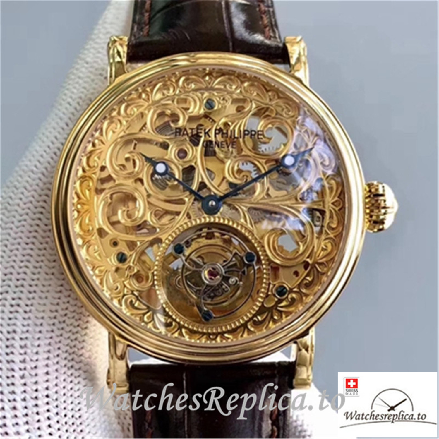 Swiss Patek Philippe Tourbillon Replica Yellow Gold Bezel 42MM - WatchesReplica.is