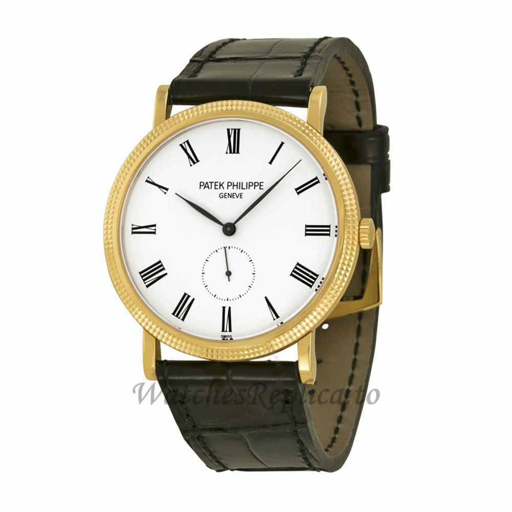 Patek Philippe Replica Calatrava Yellow Gold White Roman Dial 36MM Watch 5119J001 - WatchesReplica.is